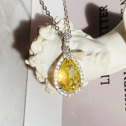 Fashion Pear-shaped Yellow Zirconia Pendant Necklace Women Luxury Engagement Accessories Temperament Lady Wedding Jewelry