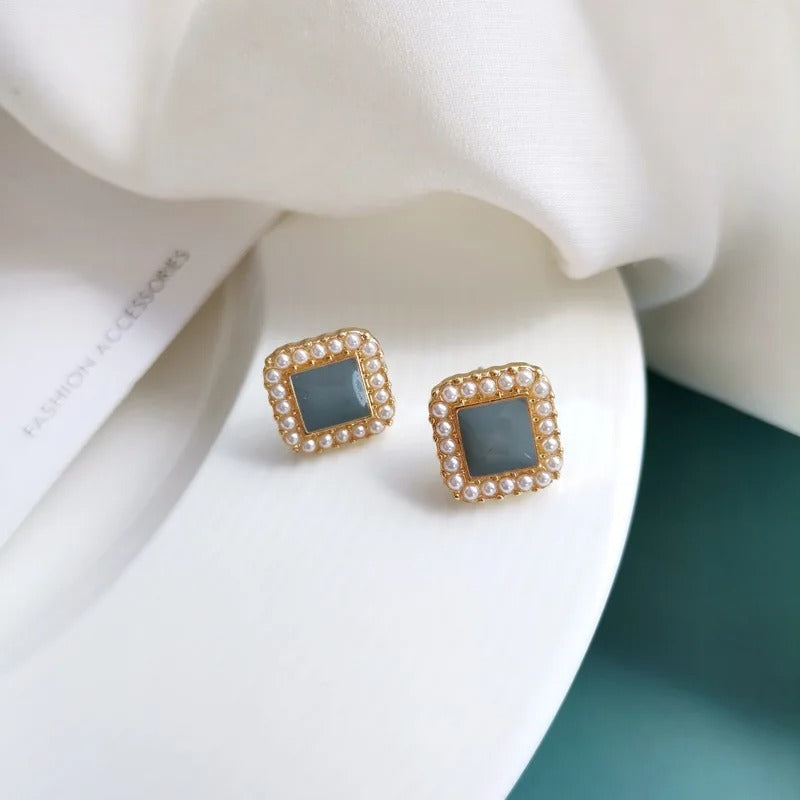 Women’s Enamel Blue Square Pearl Stud Earrings Trendy Gift Jewelry