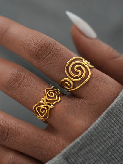 Stainless Steel Spiral Open Ring for Women – 18K Gold Plated Adjustable Waterproof Jewelry