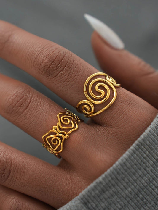 Stainless Steel Spiral Open Ring for Women – 18K Gold Plated Adjustable Waterproof Jewelry