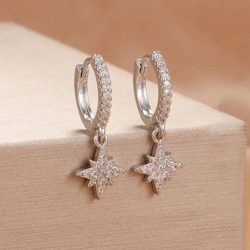Star Zircon Hoop Earrings 18K Gold Plated for Women