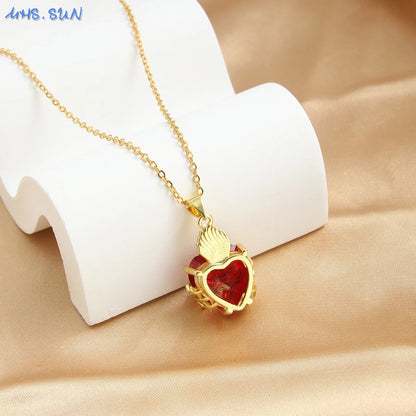 Gold Plated Sacred Heart of Jesus Cross Necklace Red Zircon Religious Catholic Pendant Necklaces For Women Girls Jewelry