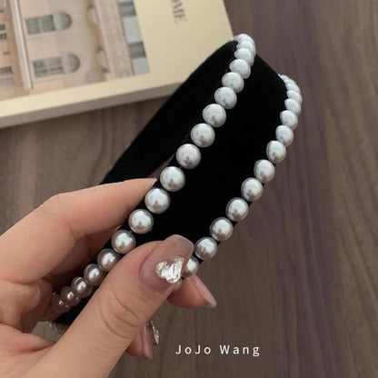 Vintage Black Velvet Pearl Headband Women Anti-Slip Hairband