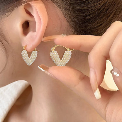 Unique Love Imitation Pearl Hoop Earrings for Women Fashion Jewelry
