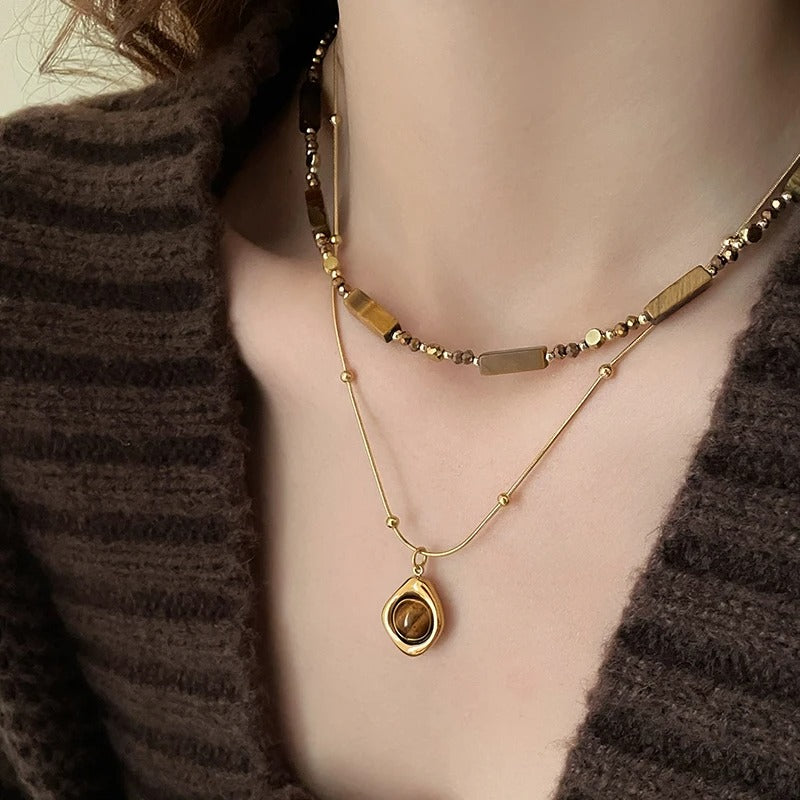 Layered Tiger Eye Stone Pendant Necklace For Women Stainless steel Double-Layer Collarbone Chain Sets Jewelry