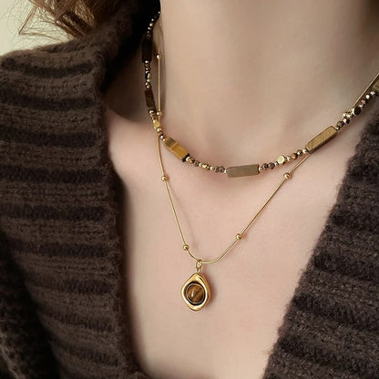 Layered Tiger Eye Stone Pendant Necklace For Women Stainless steel Double-Layer Collarbone Chain Sets Jewelry