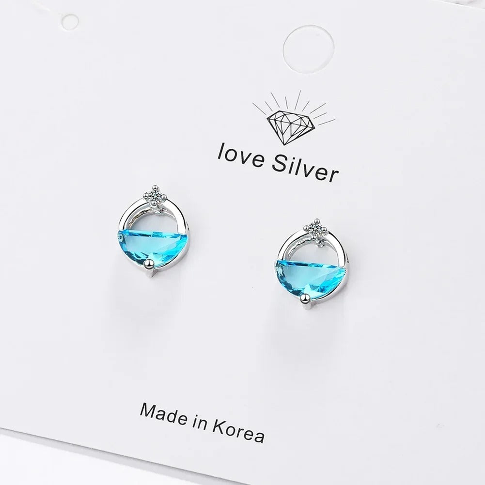 Elegant Blue Crystal Earrings & Necklace 925 Silver Women