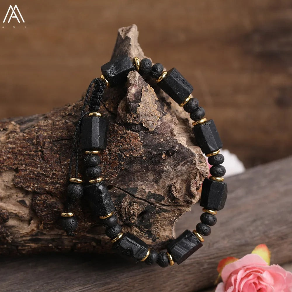 Natural Black Tourmaline Nugget Bead Bracelet Adjustable Women
