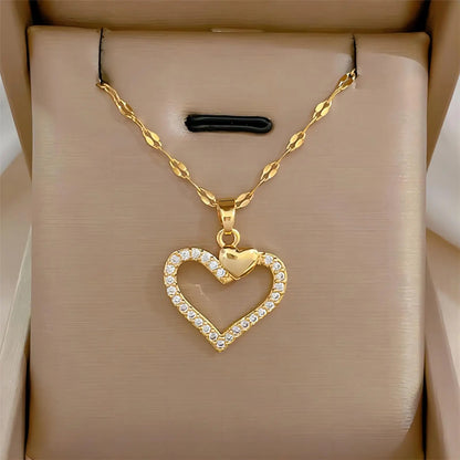 Trendy Heart Stainless Steel Zirconia Necklaces For Women Girls Love Gold Color Metal Necklace Party Daily Jewelry