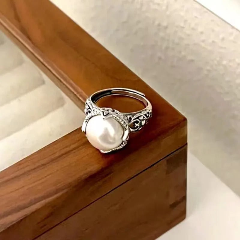 925 Sterling Silver Hollowed Pearl Adjustable Rings For Women Wedding Luxury Accessories