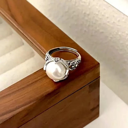 925 Sterling Silver Hollowed Pearl Adjustable Rings For Women Wedding Luxury Accessories
