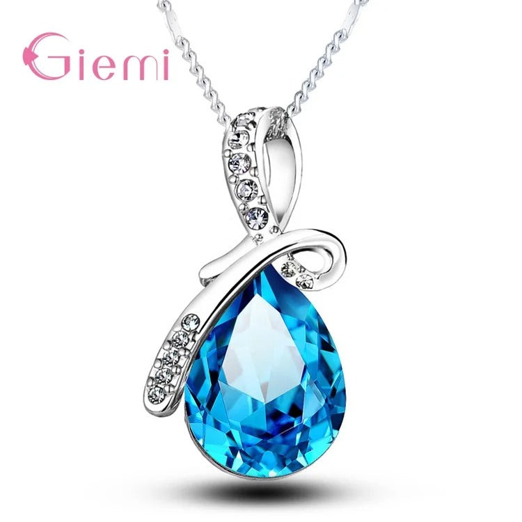925 Sterling Silver Colorful Cubic Zirconia Waterdrop Pendant Necklace Women Girls Wedding Party Jewelry