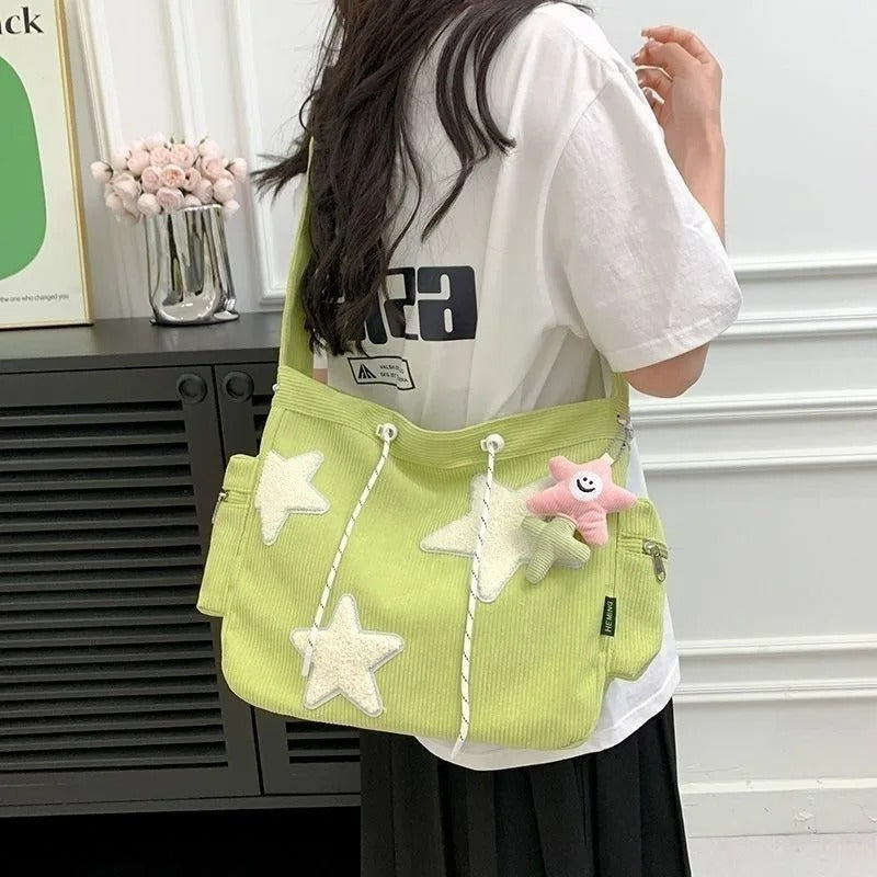 Star Print Corduroy Shoulder and Crossbody Bag for Women