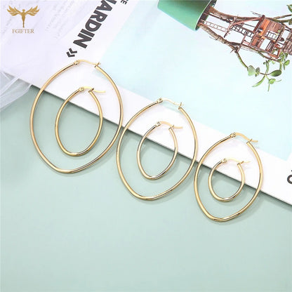 Golden Oval Hoop Earrings for Women Geometric Stainless Steel Jewelry