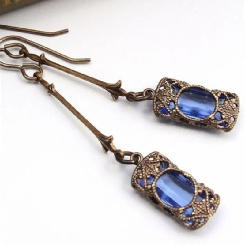 Vintage Green Blue Zircon Rhinestones Long Dangle Earrings for Women Antique Bronze Color Drop Earring Female Party Jewelry Gift