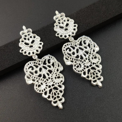 Hollow Carved Flower Drop Earrings for Women Black Gold Statement Jewelry