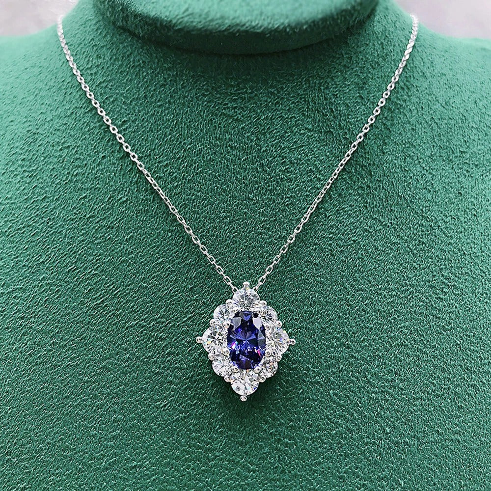 Gorgeous Oval Blue Cubic Zirconia Pendant Necklace Women for Wedding Luxury Brilliant Female Necklace Statement Jewelry