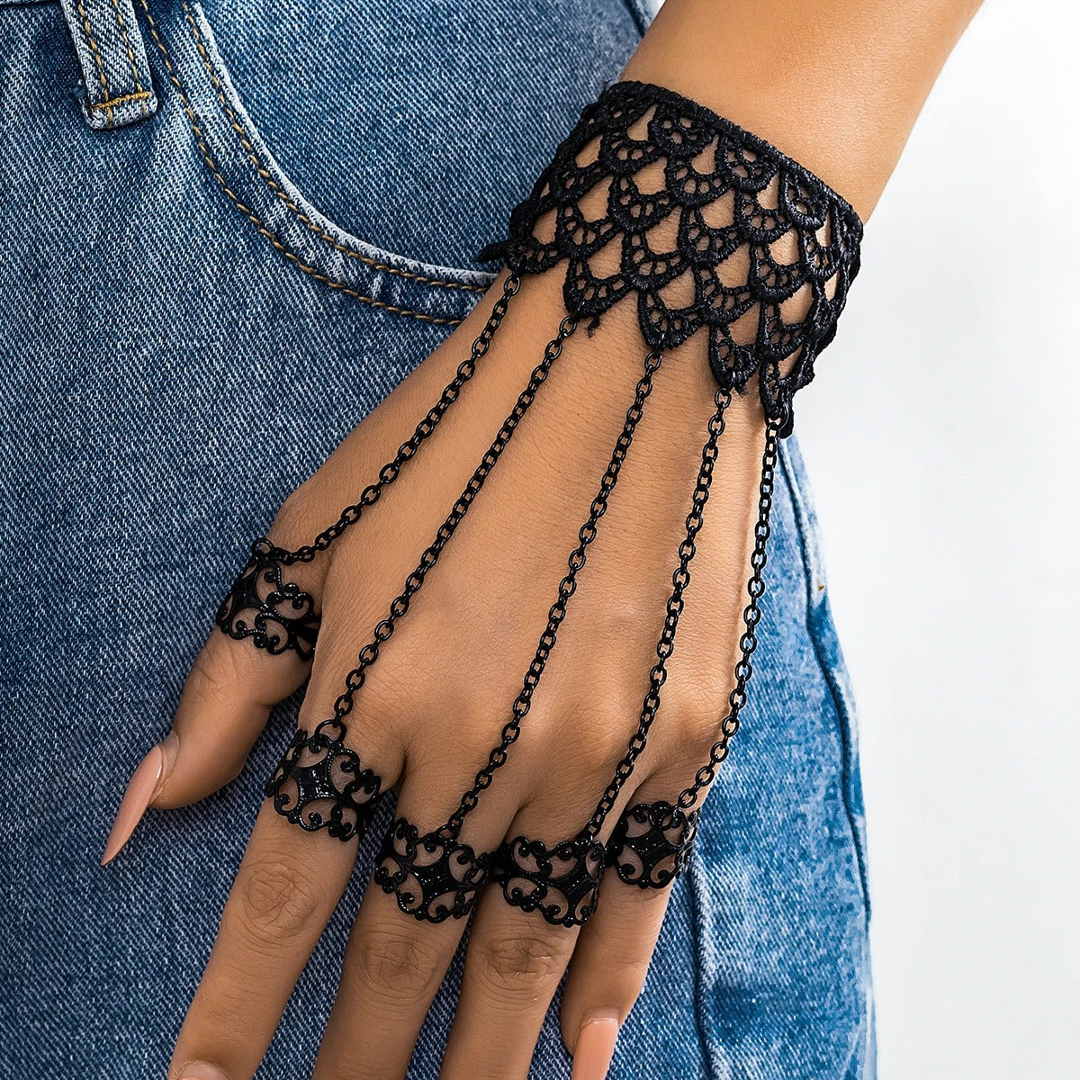 Black Finger Ring Wide Lace Bracelet for Women Trendy Connect Hand Back Chain Bangle Jewelry Party Gift Girls New