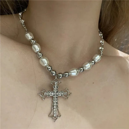 Pearl Cross Pendant Necklace Women Punk Retro Women Religious Zircon Chain Necklaces Girls Hip Hop Party Trendy Jewelry Gift