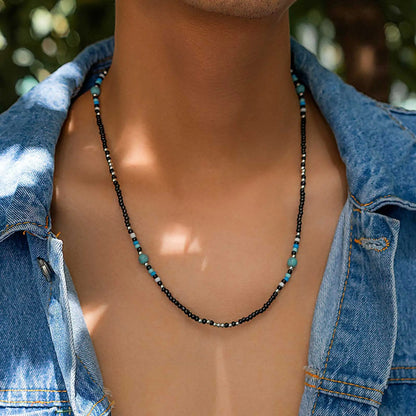Trendy Summer Beach Necklace Men’s Turquoise & Black Beads