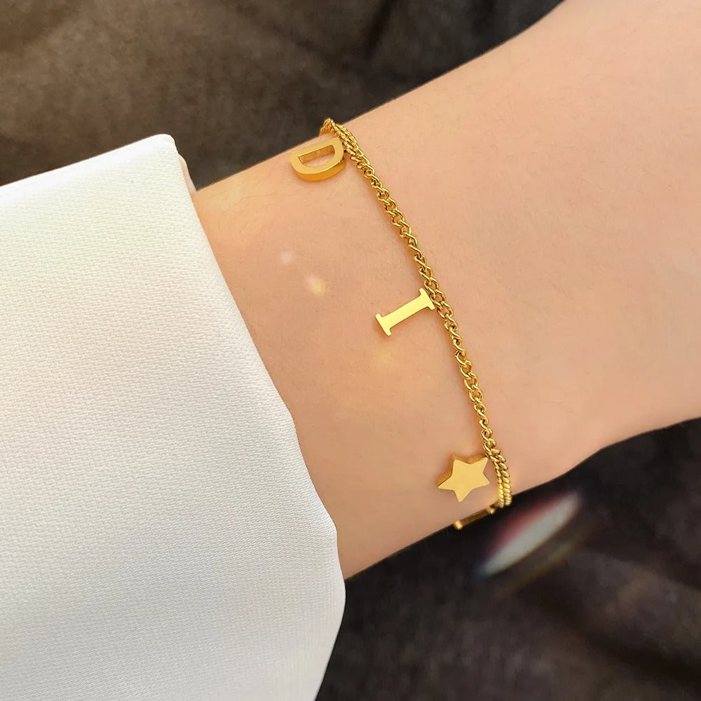 Letter & Star Pendant Stainless Steel Bracelet for Women