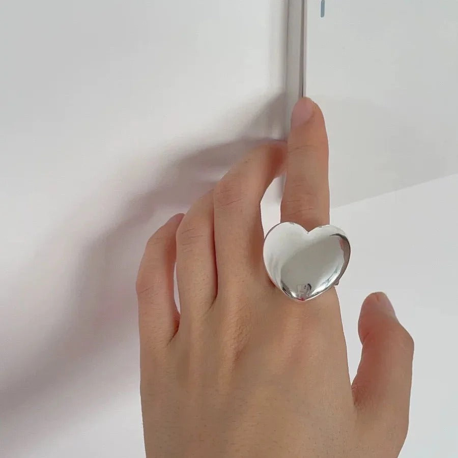 925 Sterling Silver Geometric Heart Ring Women Adjustable Jewelry