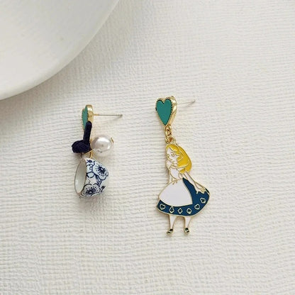 Carton Fairy Tale Princess Alice Earrings Imitation Pearl Blue Heart Dangle Earrings Cute Girls Enamel Earrings