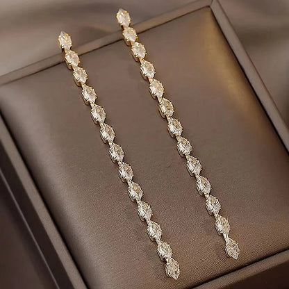 Simple Geometric Zircon Crystal Earrings for Women Gold Silver Color Long Tassel Dangle Earrings Party Weddings Jewelry