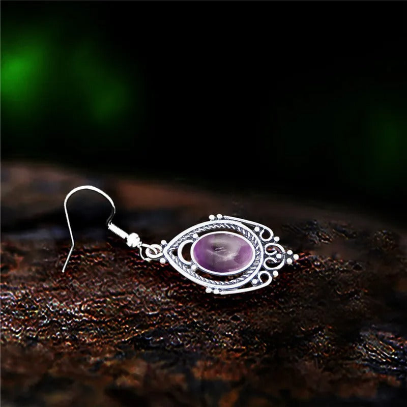 Vintage Amethyst & Tiger Eye Drop Earrings Silver Women