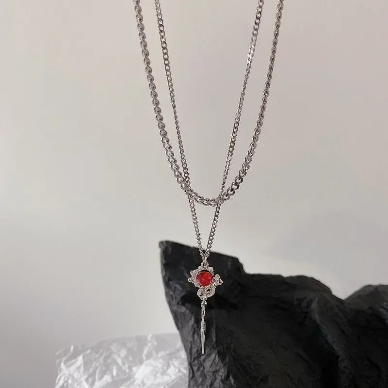 Double Layer Red Zircon Rose Necklace Y2K Floral Jewelry