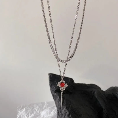 Double Layer Red Zircon Rose Necklace Y2K Floral Jewelry