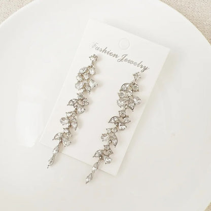 Silver Maple Leaf Zircon Tassel Long Earrings for Women