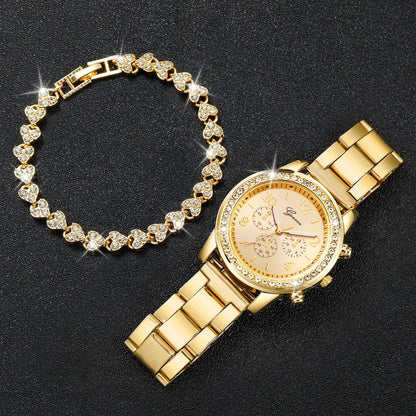 Fashion Women Stainless Steel Gold Color Quartz Watch & Diamond Bracelet