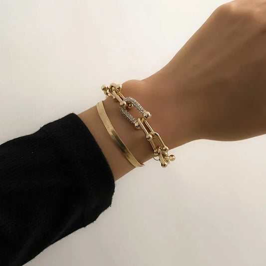 New Extendable Gold Color Metal Bracelet for Women Girls Snake Chain Hoop Link Ins Style Bracelet Jewelry Set
