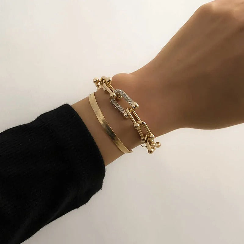 New Extendable Gold Color Metal Bracelet for Women Girls Snake Chain Hoop Link Ins Style Bracelet Jewelry Set