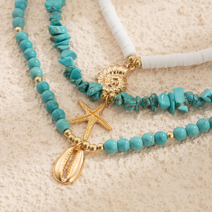 Retro Gold Color Metal Starfish Shell Conch Pendant Necklace Women 2025 Multi Layer Sweet Green Turquoise Girl Beach Jewelry