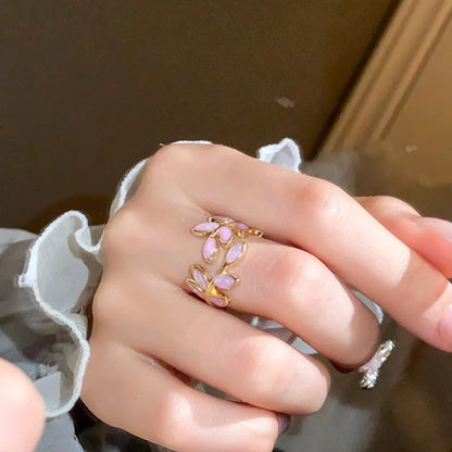 Leaf Open Ring for Women, Light Luxury Colorful Oil Drop Finger Rings, Hand Jewelry, Elegant Prom Party Wedding Accessories