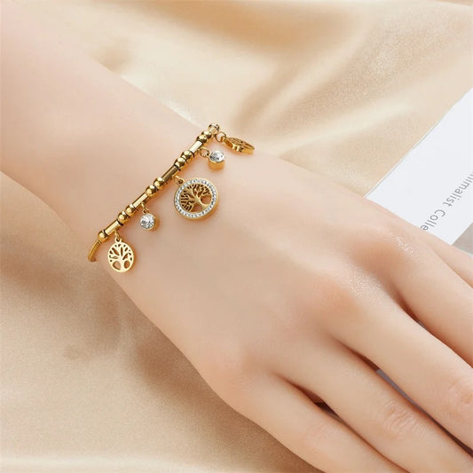 316L Stainless Steel Tree of Life Charm Bracelet for Women Elegant Gold Color with Shiny Zircon Stone