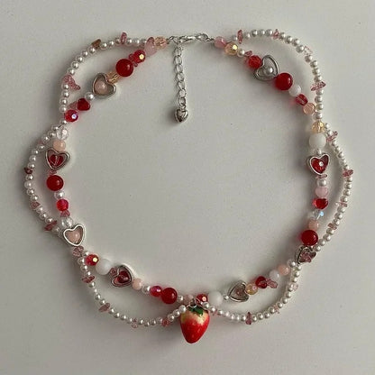 Sweet Charm Imitation Pearl Chain Strawberry Pendant Necklace for Women Wed Bridal Love Heart Choker Aesthetic Jewelry