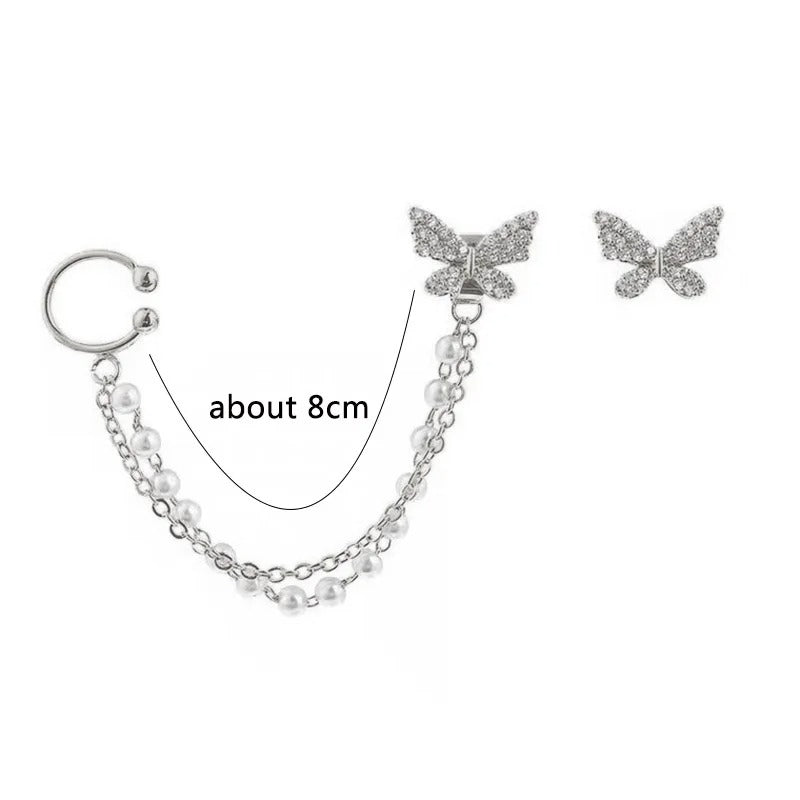 Korean Pearl Tassel Butterfly Earrings Women Dangle Jewelry