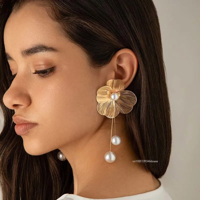 Flower Petal Tassel Earrings Women Long Imitation Pearl Jewelry