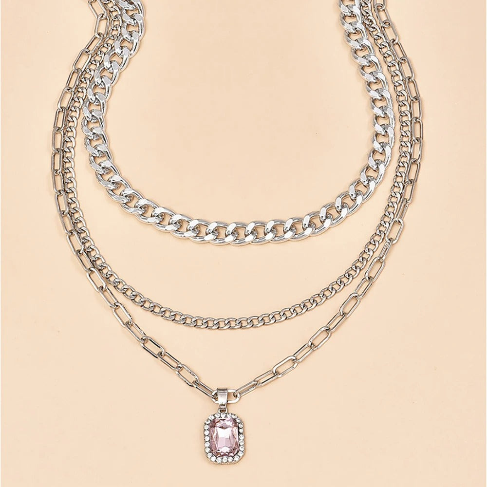 New Silver Color Multi-layer Chain Rectangular Crystal Pendant Necklaces For Women Female Necklace Jewelry Gift