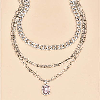 New Silver Color Multi-layer Chain Rectangular Crystal Pendant Necklaces For Women Female Necklace Jewelry Gift