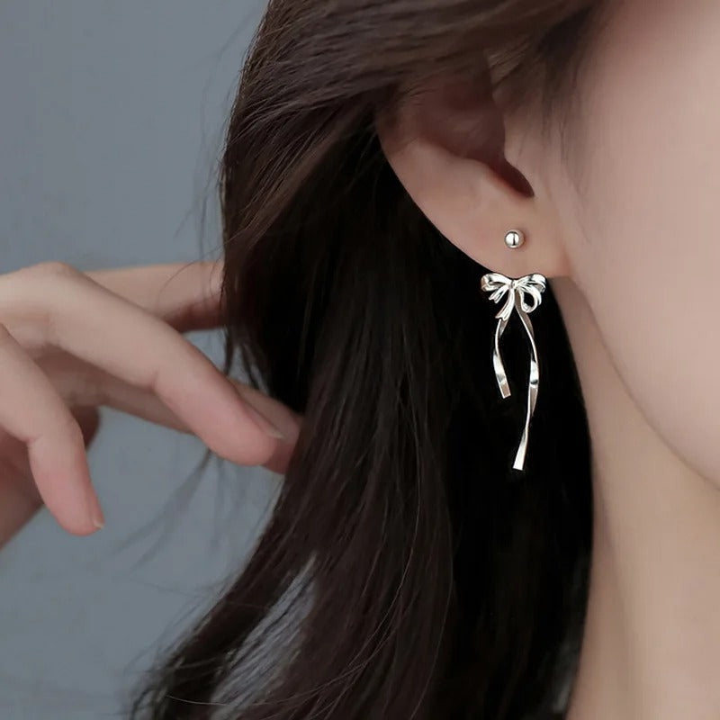 925 Silver Ribbon Bow Screw Earrings Women Long Fringe Jewelry