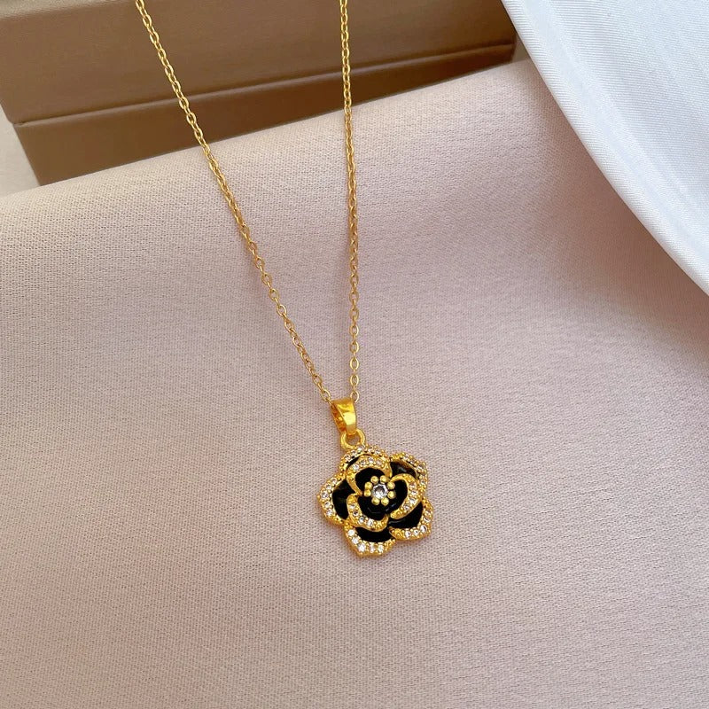 Stainless Steel 2025 Hot Sale Beautiful Flower Chain Long Style Exquisite Black Camellia Clavicle Chain Necklace For Women