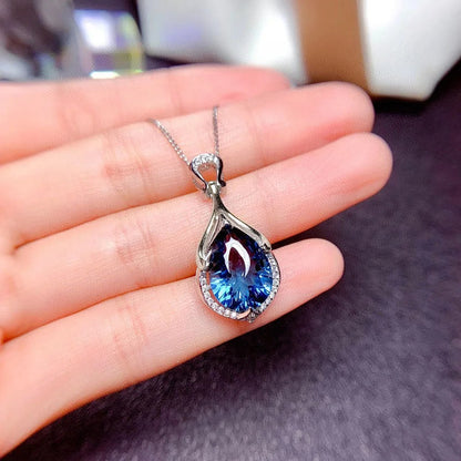 Blue Cubic Zirconia Necklace for Women Full Bling Iced Out Engagement Wedding Neck Accessory Jewelry