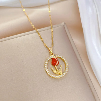 Charming and Elegant Tulip and Rose Pendant Necklace with Hollow Circle Design