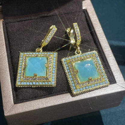 Gold Square Stone Dangle Earrings Women’s Wedding & Party Jewelry