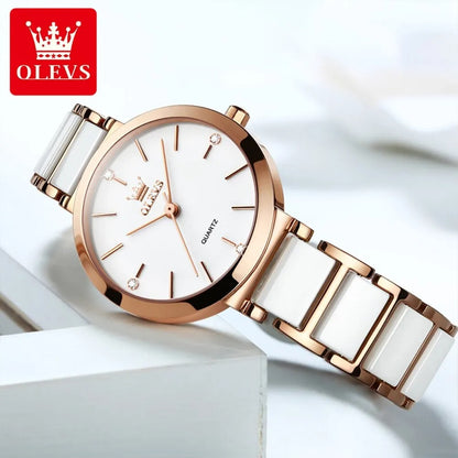 Luxury Women’s Rose Gold Quartz Watch Ceramic Strap OLEVS