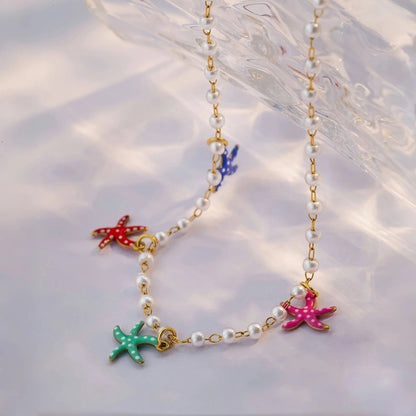 Colorful Starfish Pearl Necklace Women Summer Beach Jewelry
